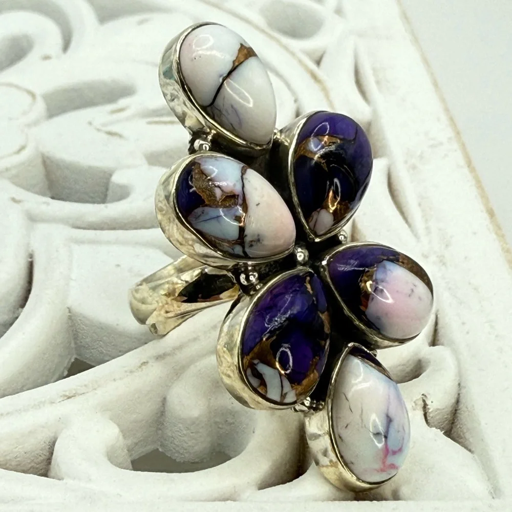 Sterling Silver Purple Dahlia Statement Ring – Size 8 Adjustable